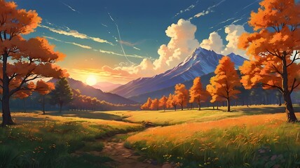 Serene Mountain Valley at Sunset - Peaceful Anime-Inspired Vector Art with Warm Sunlight