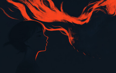 A girl contemplates as vibrant flames swirl around her in a dark atmospheric setting