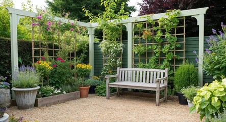 Well kept garden with flowering plants trellises and a wooden bench inviting rest