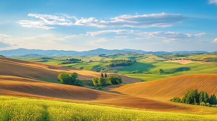 Lush green hills under a bright blue sky with fluffy clouds in a peaceful rural landscape in the afternoon