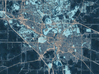 Painterly Style City Map of Iowa City Iowa, USA in a Blue Color Scheme.