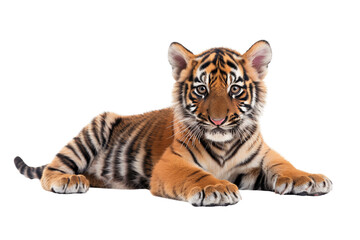 Fototapeta premium Adorable tiger cub on transparent background: playful kitten with striped fur.