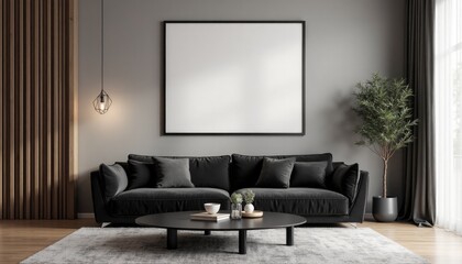 minimalistic interrior desighn with black sofa and blank canvas mockup on a wall. A 3D render of a minimalist living room with a black velvet sofa, a potted plant, and a large square picture frame on 
