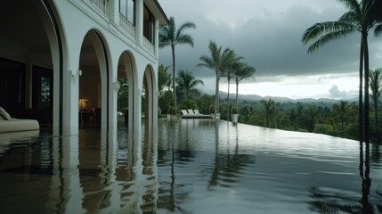 Obraz premium Luxurious tropical mansion with infinity pool overlooking scenic landscape for real estate and travel design