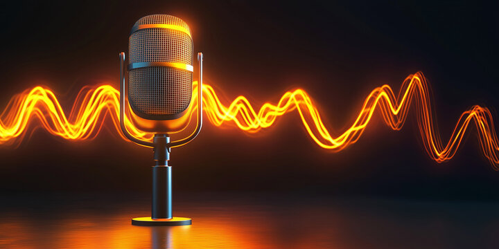 Un microfono luminoso con onde sonore in sottofondo. Sfondo per podcaster o eventi podcast. Simboleggia energia, creativit&agrave;, comunicazione, modernit&agrave;, tecnologia, pubblicit&agrave;, marketing sui social medi