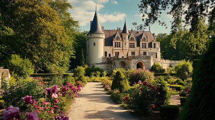 A beautiful castle surrounded by colorful gardens in a serene countryside landscape during a cloudy afternoon