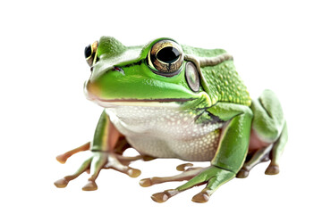 Obraz premium Green tree frog on transparent background: close-up portrait with bright eyes