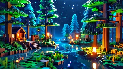 Naklejka premium Pixel Art Nighttime Forest with River and Cabins Illustration