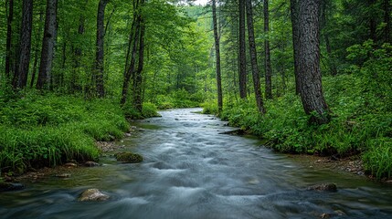 Obraz premium A serene river flows through lush green trees in a peaceful forest during a bright, sunny day in early summer