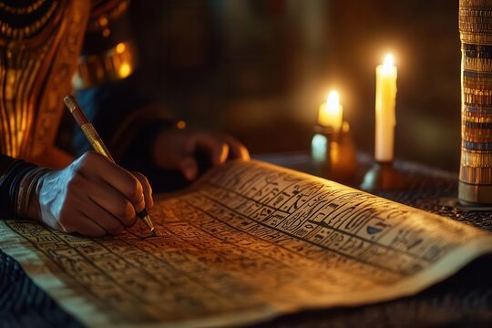 A scribe writing on a papyrus scroll with hieroglyphics by candlelight, Ancient Egypt, knowledge, history, ancient culture