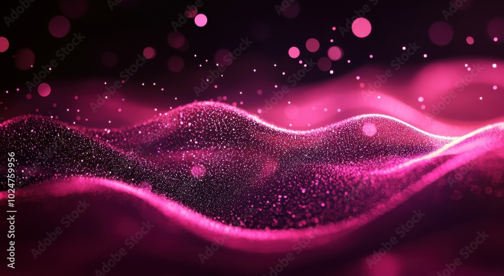 Poster abstract pink wave with glowing particles on black background, pink wavy shape with bokeh lights and