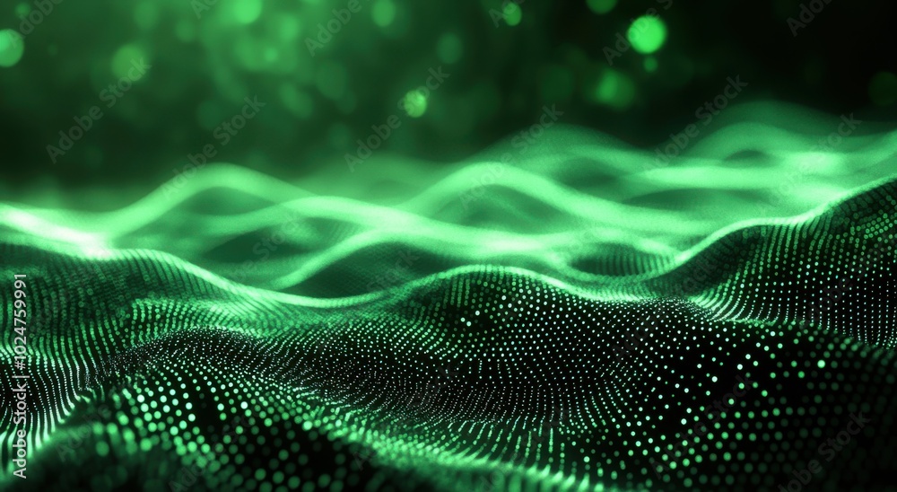 Poster green gradient background with abstract digital waves, dots, and lines in motion on a black backdrop