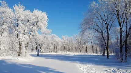 Winter wonderland landscape with snow-covered trees and a serene blue sky in a tranquil setting during daylight