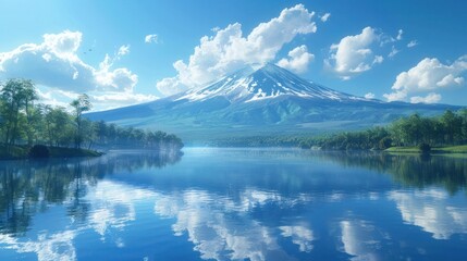 Obraz premium Stunning panoramic view of a majestic snowy peak reflected in the serene still waters of an idyllic alpine lake surrounded by lush green foliage and a picturesque mountainous landscape This peaceful