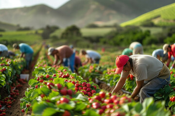 Serene Strawberry Farm Scene with Workers Picking Fresh Berries in Lush Green Fields under Rolling Hills