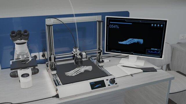 A detailed model of a human foot is created using a 3D printer in a high-tech laboratory. Printed foot models are used for both scientific and medical purposes. 3D rendering. Time lapse.