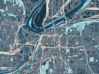 Painterly Style City Map of Kansas City Center Kansas, USA in a Blue Color Scheme.