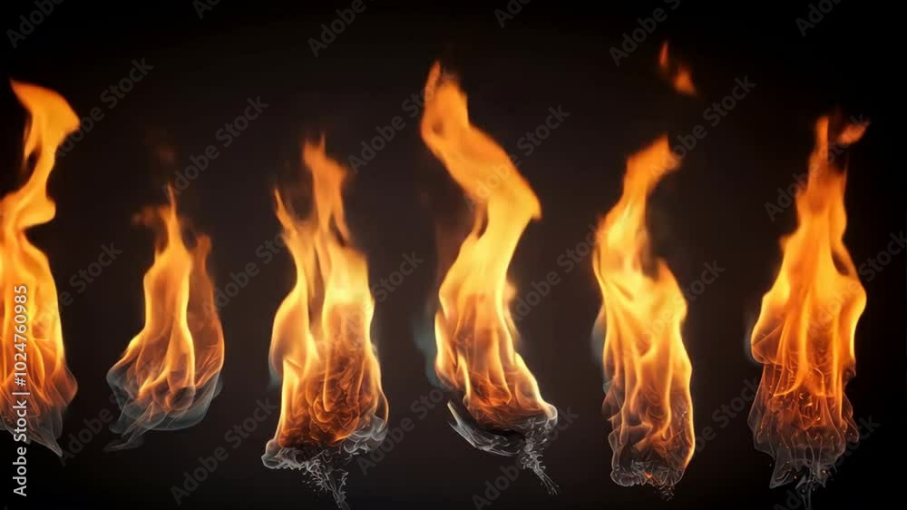 Poster fiery flames: a collection of six dynamic flames, each with unique shapes and textures, set against 