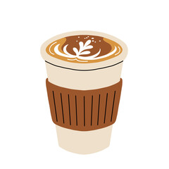 Set of Coffee Cups with Latte Art Patterns Front View. Cute rabbit, Flower and Heart foam shapes. Cafe Bar or Coffee House Graphics. Vector Illustration, Icons