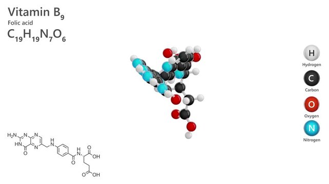 Folic acid or B9 vitamin. Animated 3d model of molecule. Molecular formula: C19H19N7O6. Chemical model: Ball and Stick. White background. 3D rendering. Seamless loop.