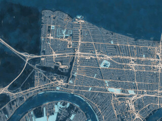 Painterly Style City Map of Kenner  Louisiana, USA in a Blue Color Scheme.