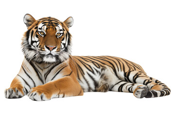 Majestic tiger on transparent background: wild cat with bright orange and black stripes.