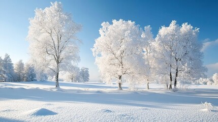 Obraz premium Snow-covered landscape with frosted trees under a clear blue sky in winter