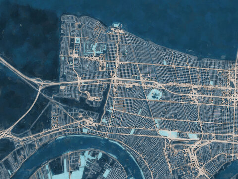 Painterly Style City Map of Kenner  Louisiana, USA in a Blue Color Scheme.
