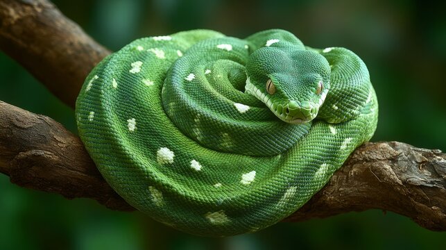 Emerald Beauty Green Tree Python Coiled on a Branch, Representing Prosperity and the Chinese Zodiac