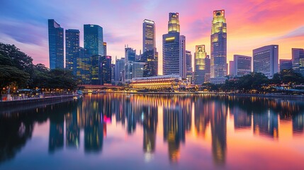 Naklejka premium A stunning sunset over the Singapore skyline reflecting in the river during twilight hours