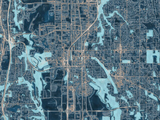 Painterly Style City Map of Kent Washington, USA in a Blue Color Scheme.