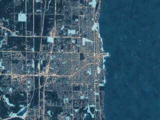 Painterly Style City Map of Kenosha Wisconsin, USA in a Blue Color Scheme.