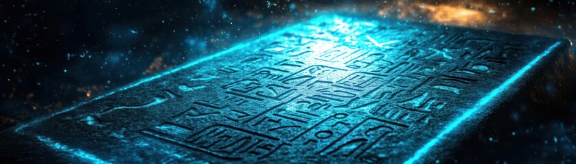 Fototapeta premium Hieroglyphcovered stone tablet with glowing blue light, Ancient Egypt, ancient language, mystical energy, cryptic symbols