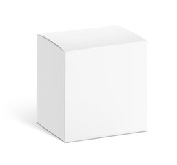 Realistic white paperboard box mockup. Vector illustration isolated on white background. Half side view. Can be use for food, cosmetic, pharmacy, sport and etc. Ready for your design. EPS10.