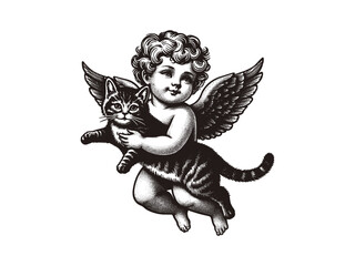 little baby angel cherub with cute tabby cat. Old vintage engraving illustration. Hand drawn outline graphic. Logo, emblem, icon. Isolated object, cut out. black and white	