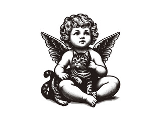 little baby angel cherub with cute tabby cat. Old vintage engraving illustration. Hand drawn outline graphic. Logo, emblem, icon. Isolated object, cut out. black and white	