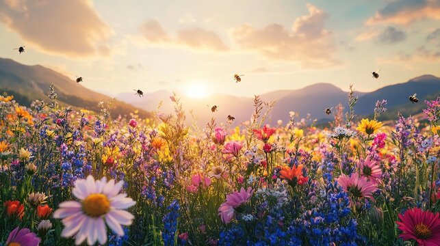A vibrant wildflower meadow buzzing with bees at sunset in the countryside