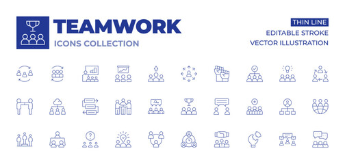 Teamwork icons collection. Thin Line icons, editable stroke. teamwork, cooperation, workflow, creative team, graphic, meeting, mediator, spokesperson, question, leadership, refresh