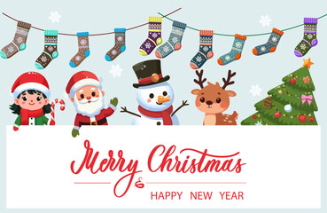 Merry Christmas and New Year greeting card with cute kids snowman, Christmas tree, reindeer and Santa Claus, in a red suit.