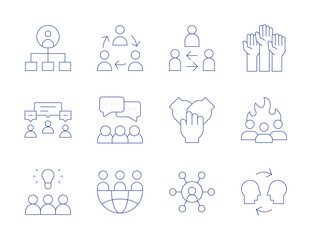 Teamwork icons. Thin Line style, editable stroke. teamwork, world, hands, idea, mediator, empathy, structure, together, discussion, motivation