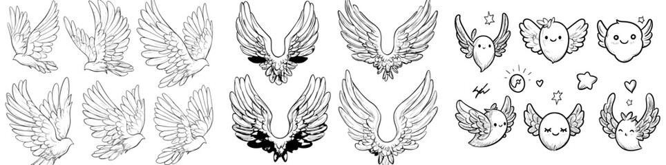 Fototapeta premium The set of modern doodles includes hand drawn wings, winged angel feathers and wings spread in cartoon style
