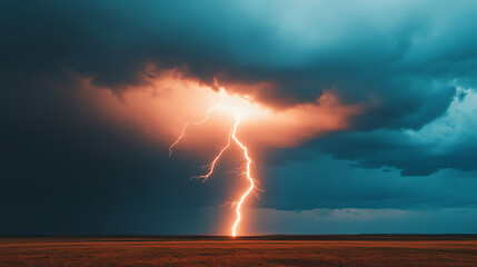 A dramatic lightning bolt strikes during a storm, illuminating the dark clouds above. A powerful display of nature's force, showcasing the beauty and intensity of severe weather.