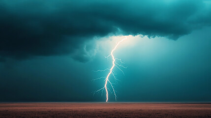 A dramatic scene showcasing a powerful lightning strike against a dark, moody sky, capturing the raw beauty and intensity of nature's storms.