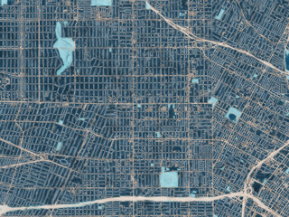 Painterly Style City Map of Koreatown  California, USA in a Blue Color Scheme.