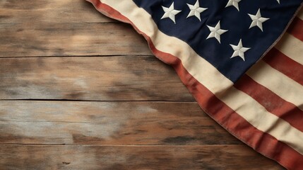 Obraz premium Partial view of an American flag on a rustic wooden surface, showcasing stars and stripes in a patriotic setting.