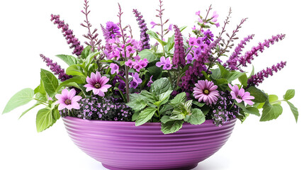 Lavender Growing In White Pot On White Background ,A lush bouquet of lavender blooms displays its aromatic purple flowers in a woven basket, set against a clean white background