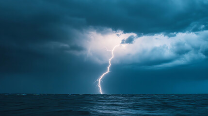 A dramatic lightning strike illuminates dark storm clouds over the ocean, capturing the power and beauty of nature in a striking display of weather.