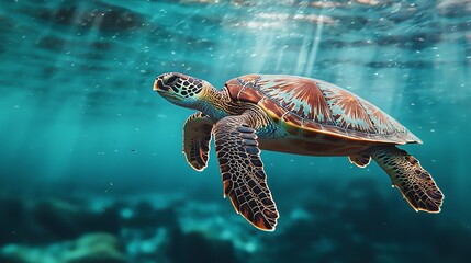 Fototapeta premium Underwater turtle swimming gracefully in clear blue ocean.