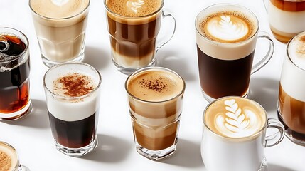 Selection of artisanal coffee drinks including espresso cappuccino and cold brew served in stylish mugs on a white surface highlighting coffee culture caf vibes and beverage trends