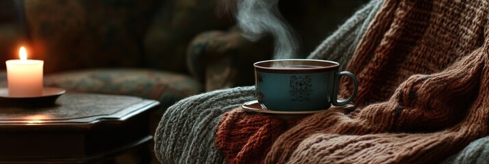 Cozy Retreat, a warm sweater resting on a chair beside a steaming cup of tea and a flickering candle, inviting relaxation and comfort